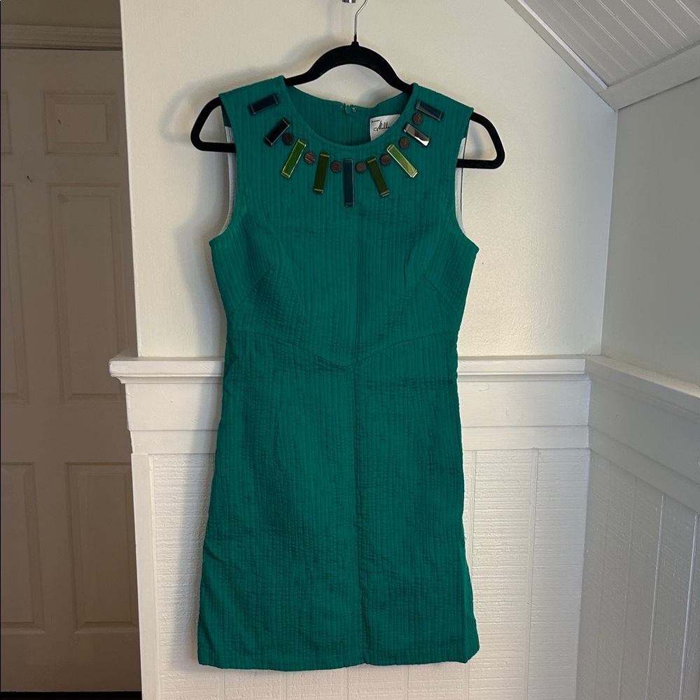 Original Milly New York Beaded Emerald Green Cotton Mini Dress size 6, vintage